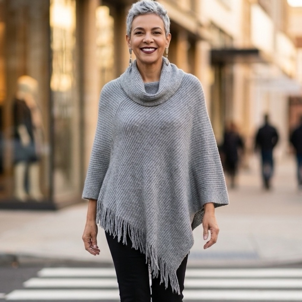 EUC Chico’s ONE SIZE gray/metallic silver cowl neck poncho w/fringe